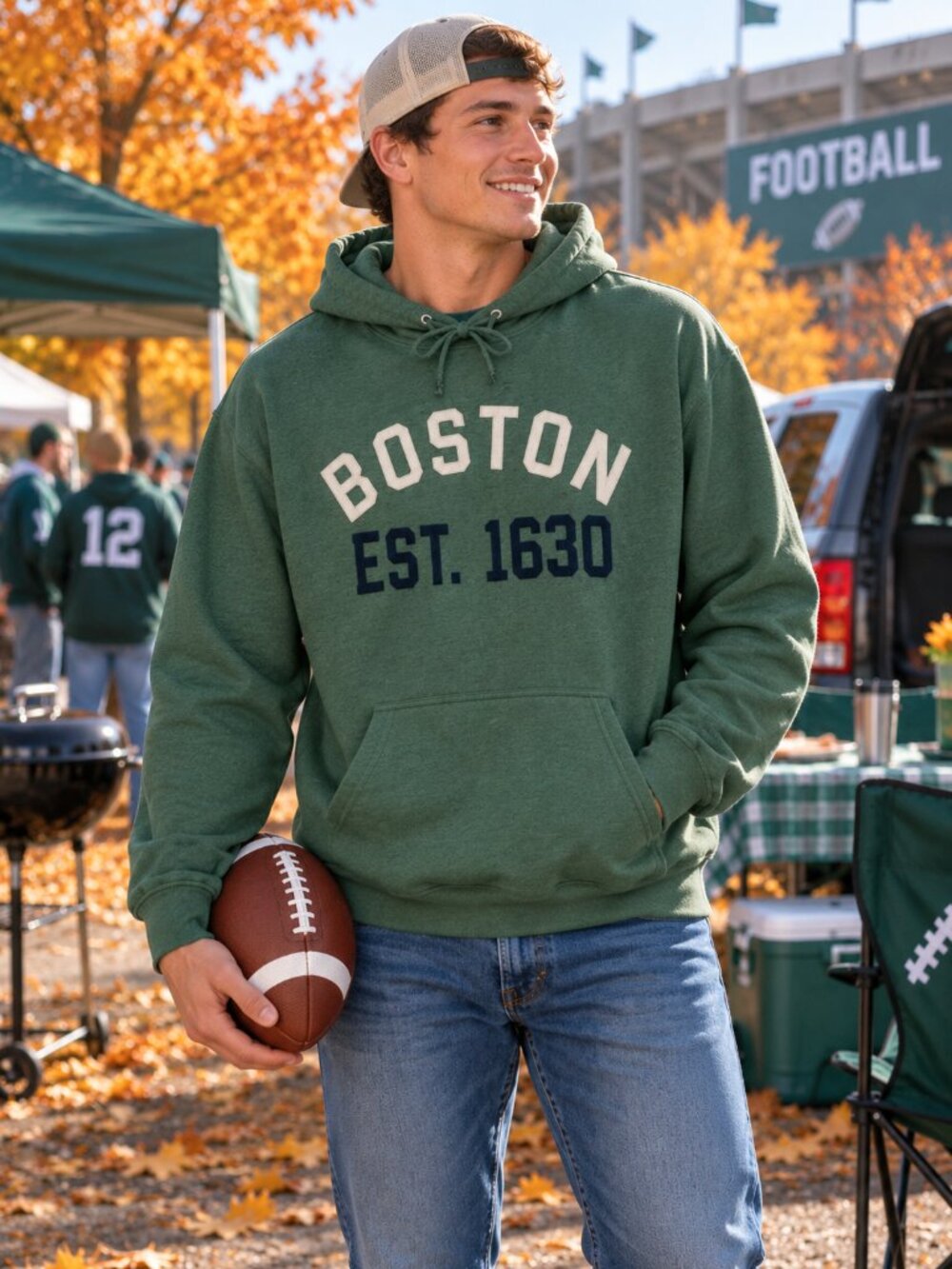 BOSTON Men"s Sweatshirt w/Hood Green "Boston" Stitched Raised Letters XL